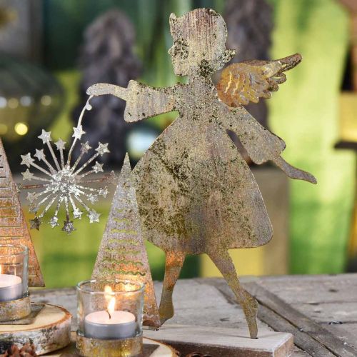 Floristik24 Dekorativ ängel med maskros, adventsdekoration av metall, julängel gyllene antikt utseende H21cm