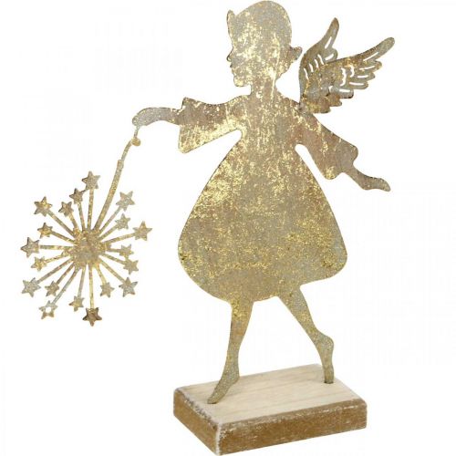 Floristik24 Ängel med maskros, metalldekoration till jul, dekorationsfigur Advent gyllene antikt utseende H27,5cm