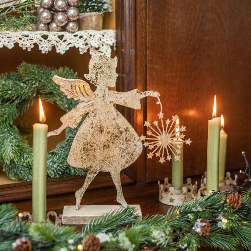 Artikel Ängel med maskros, metalldekoration till jul, dekorationsfigur Advent gyllene antikt utseende H27,5cm