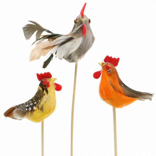 Floristik24 Tupp med riktiga fjädrar på pinnen orange, gul, brun assorterad H5-6cm 12 st