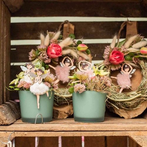 Floristik24 Feer att hänga, vårdekoration, tomte dekoration, trähänge rosa, turkos, vit H10-11,5cm 9st