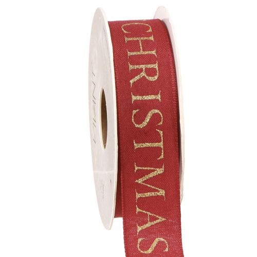 Artikel Festligt julband i rött med guld &quot;Merry Christmas&quot; bokstäver, bredd 25mm, längd 15m