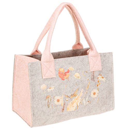 Floristik24 Filtpåse med blommotiv – Hållbar present- &amp; shoppingpåse i grått &amp; rosa 26cm 2st