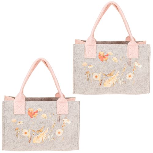Artikel Filtpåse med blommotiv – Hållbar present- &amp; shoppingpåse i grått &amp; rosa 26cm 2st