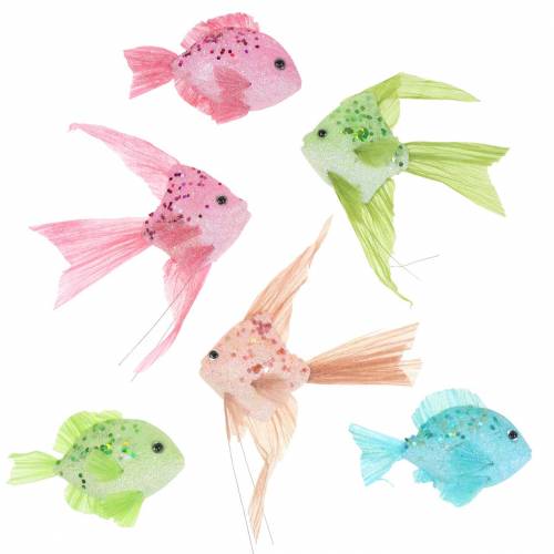 Artikel Dekorativ fisk för hängande grön rosa orange blå 13-24cm 6st
