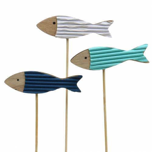 Floristik24 Dekorativ plugg fisk trä turkos blå vit 8cm H31cm 24 st