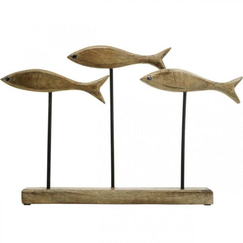 Maritim dekoration, dekorativ skulptur, träfisk på stativ, naturlig färg, svart H30cm L45cm