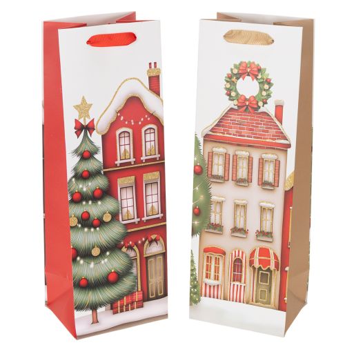 Presentpåse flaska julhus och julgran 36cm 2st