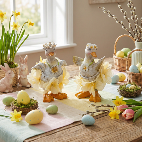 Artikel Dekorativ ankafigur i blommig klänning, vår, detaljerad sommardekoration, 11 cm, 2 stycken