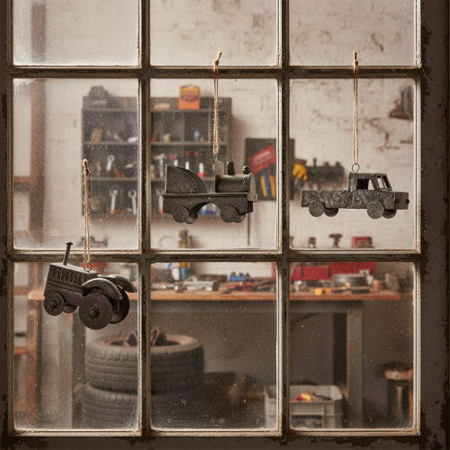 Artikel Dekorativa vintagebilar i metall för upphängning, blandade storlekar, 9-10 cm, 4 stycken