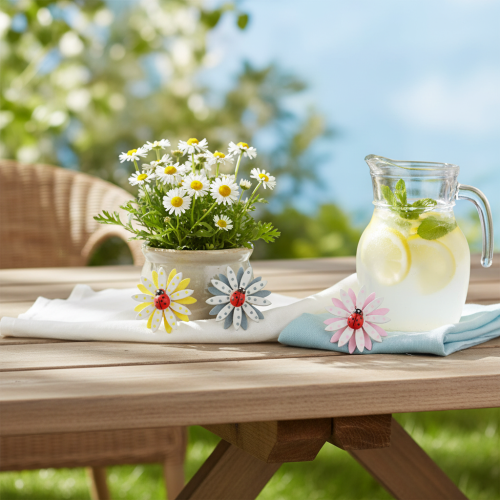 Artikel Strödekoration nyckelpiga blomma träfilt färg Ø4cm 48 st