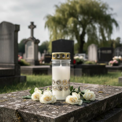 Artikel Gravljus vita rosor guld sorgeljus Ø7cm H18cm 77h