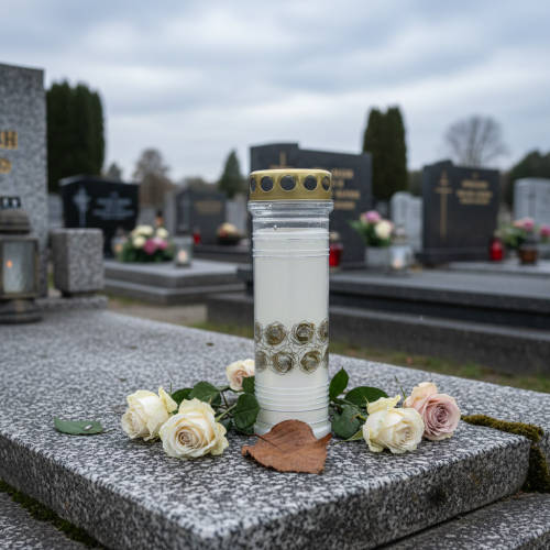 Artikel Gravljus vita rosor guld sorgljus Ø7cm 23,5cm 100h 2st