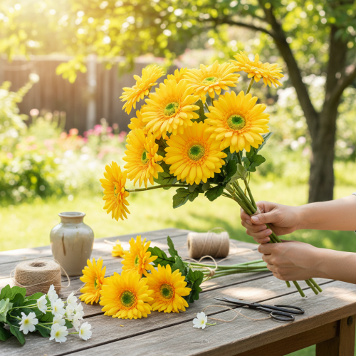Artikel Konstgjorda blommor Gerbera solgul trädgårdsblomma 47cm
