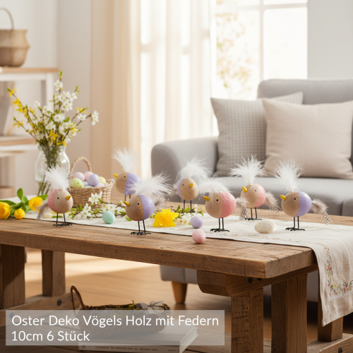 Artikel Dekorativ träfågel med fjädrar och färgglad kropp för bordsdekoration, 10 cm, 6 stycken
