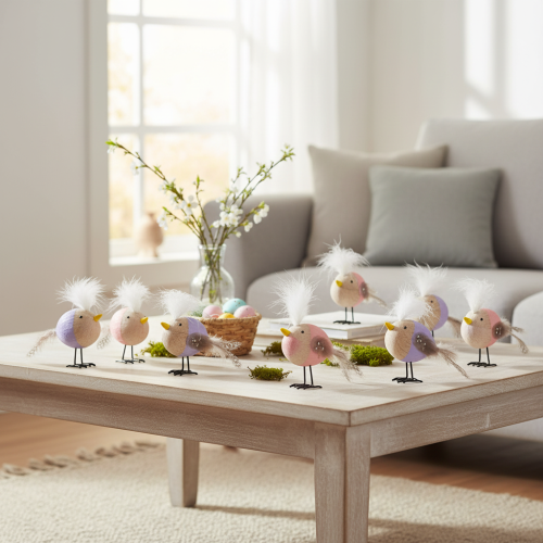 Artikel Dekorativ träfågel med fjädrar och färgglad kropp för bordsdekoration, 10 cm, 6 stycken