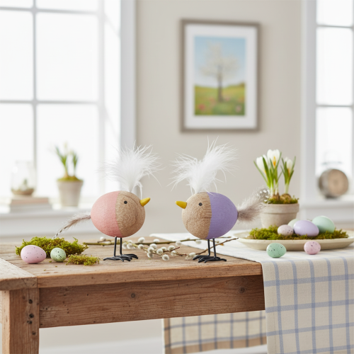 Artikel Dekorativ träfågel med fjädrar och färgglad kropp för bordsdekoration, 10 cm, 6 stycken