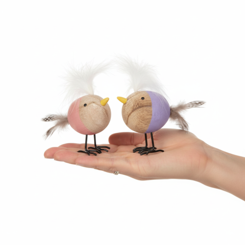 Artikel Dekorativ träfågel med fjädrar och färgglad kropp för bordsdekoration, 10 cm, 6 stycken