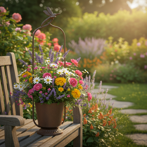 Artikel Vintage kruka med spaljé, trollsländedesign, metall, Ø16/H62cm