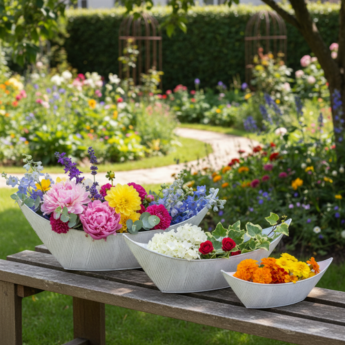 Artikel Kruka, båtformad, metall, vit/silver, 54,5/48/42 cm, set om 3