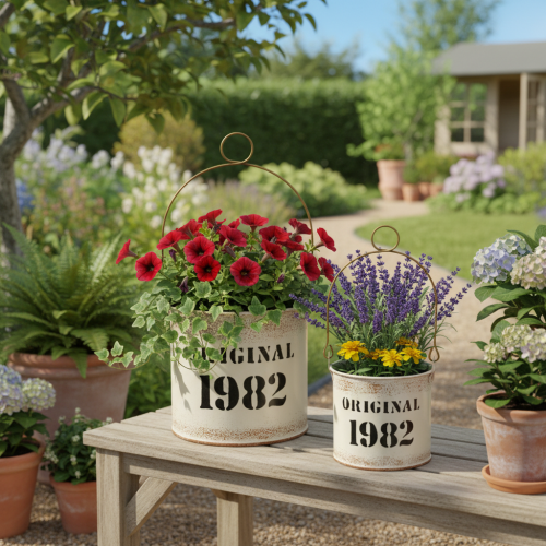 Artikel Dekorativ hink med handtag “Original 1982” Krämfärgad Ø12/10cm 2×2-delat set