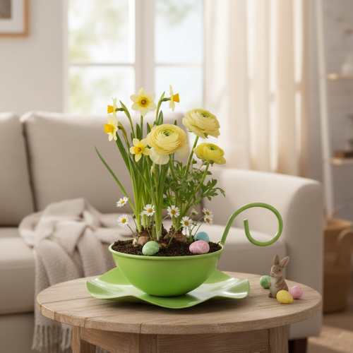 Artikel Dekorativ metallkopp med fat, ljusgrön, H8cm Ø11,5cm, 2 st