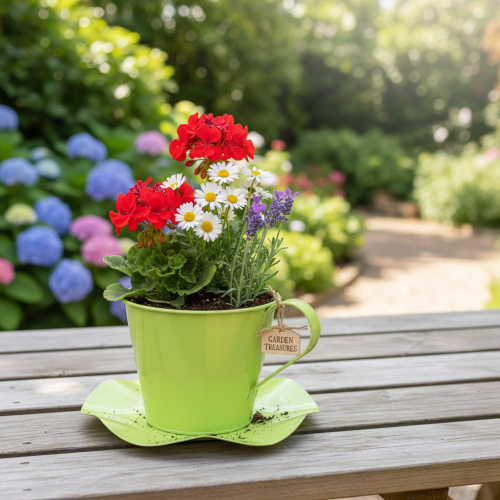 Artikel Dekorativ tekopp metall med tallrik ljusgrön Ø12 H10cm 8 st