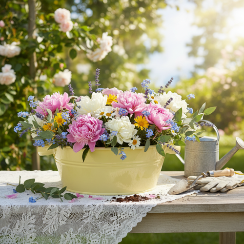 Artikel Dekorativ metallskål, grön-gul, blomskål med handtag, Ø33,5 cm