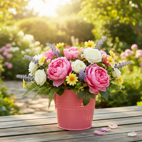 Artikel Metallhink med blomkruka och rosa handtag 16x17,5x16cm 2 st