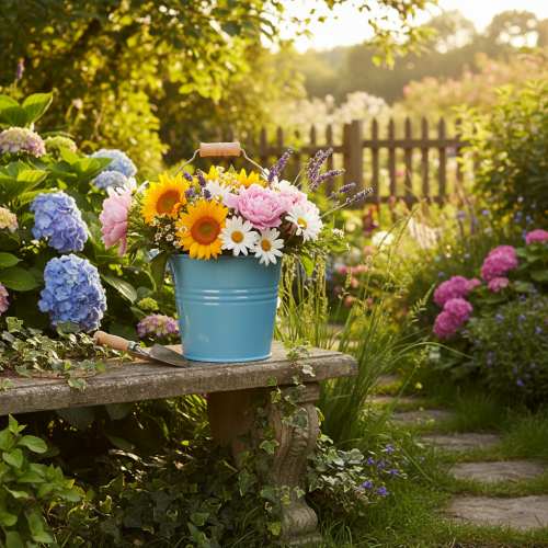 Artikel Dekorativ hink, metall, trähandtag, blomkruka, blå, 16 cm hög, 2 stycken