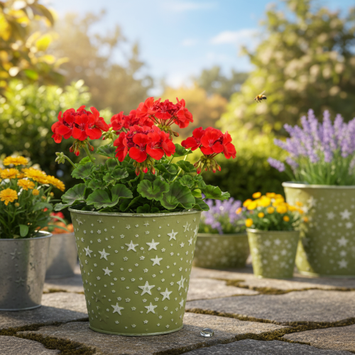 Artikel Silvergrön planteringslåda, metallblomkruka med stjärnor, Ø14cm