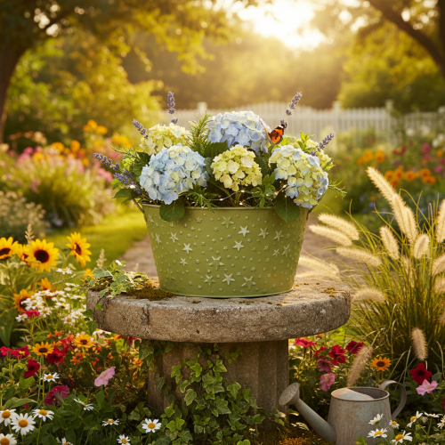 Artikel Metallskål med stjärnor och handtag, grön, Ø20cm, H11,5cm