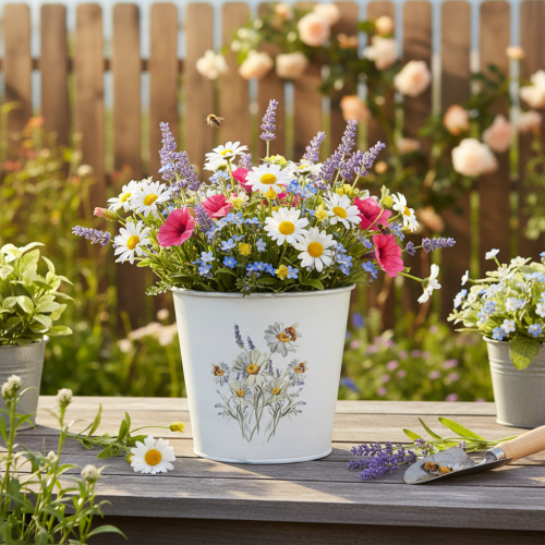 Artikel Blomkruka metallkruka vita blommor 12,5cm H11,5cm