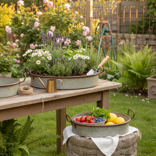 Artikel Oval metallbricka med handtag, rostfärgad, 46/52 cm, set om 2