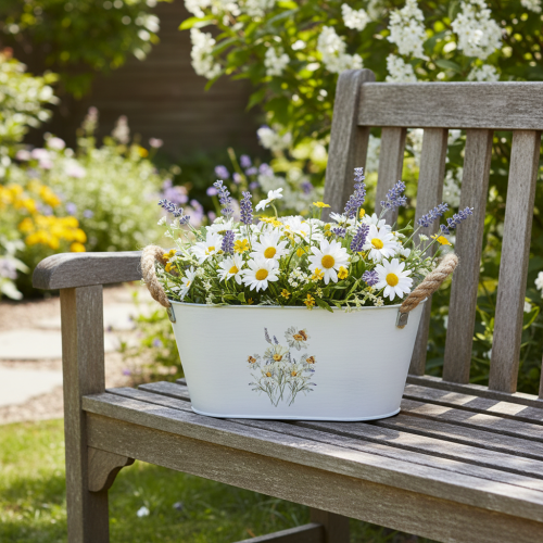 Artikel Dekorativ oval metallskål, vit med naturlig blomdekor, L26cm