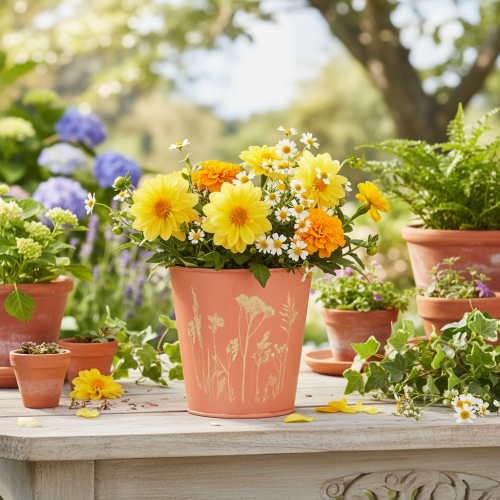 Artikel Blomkruka med blomsterdekoration, aprikosgul, Ø10,5 cm H10,5 cm