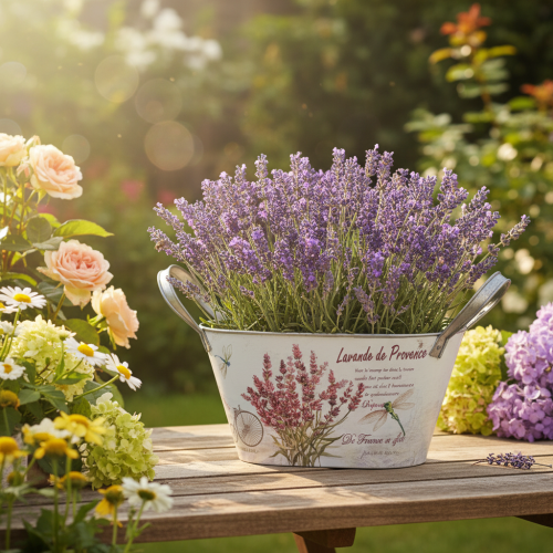 Artikel Oval blomskål i metall med handtag, lavendel, 32×15×15 cm