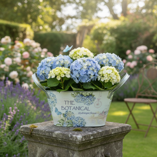 Artikel Blomskål med handtag, hortensia-design, metall, 26×13×14,5 cm