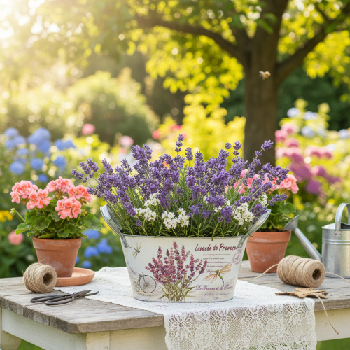 Artikel Oval blomskål i metall med handtag, lavendel, 26×13×14,5 cm