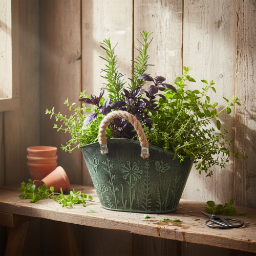 Artikel Blomkruka med handtag, väska, metall, jute, 19×13,5×13,5 cm