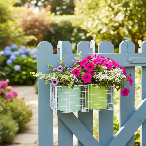 Artikel Hängande metallkruka, grön, balkongdekoration, L22cm H23,5cm