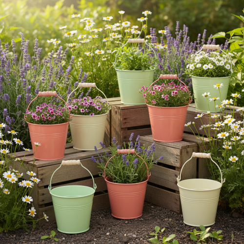 Artikel Hink med handtag, kruka, pastellfärgad metall, Ø10cm H8cm, 10 stycken