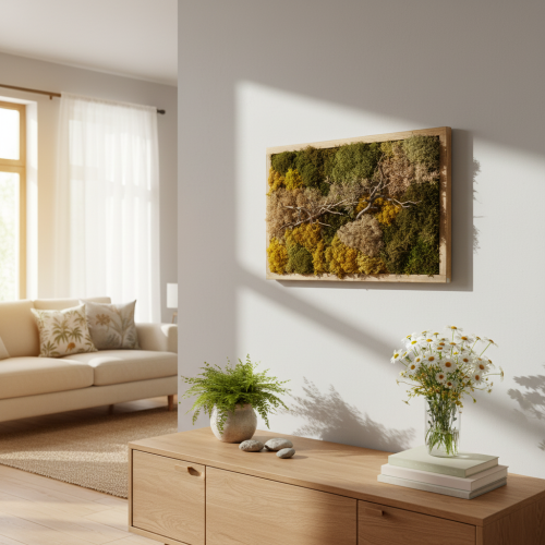 Artikel Mossbild, äkta konserverad mossa och kvistar, naturlig, 60×40 cm