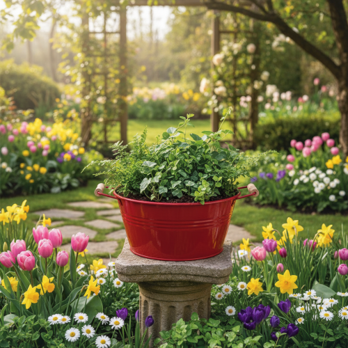 Artikel Dekorativ skål med handtag, blomskål i metall, röd, Ø29cm, H14,5cm