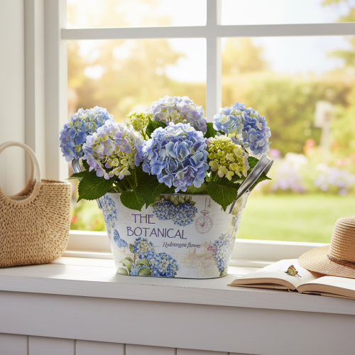 Artikel Blomskål med handtag, hortensia-design, metall, 26×13×14,5 cm