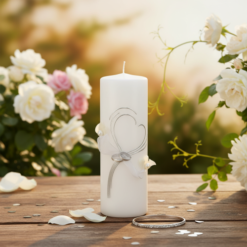 Artikel Festligt bröllopsljus med snygg hjärtdesign, silverdekorationer och organzaband – perfekt för bröllop och silverbröllopsdagar, 240/80 mm