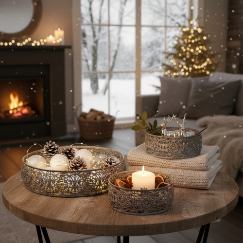 Artikel Dekorativ metallskål, grått och vitt mönster, Ø16/19,5/23,5 cm, set om 3