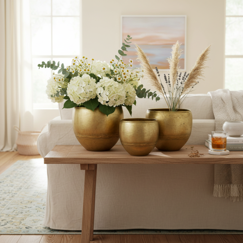Artikel Dekorativa vaser i mässingsliknande metall Ø18/15/12,5 cm, set om 3