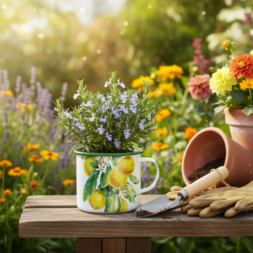 Artikel Emaljkruka, dekorativ kruka med citronkvist, medelhavsstil kruka Ø9,5cm H10cm