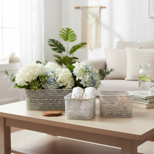 Artikel Metallskålar med spetsmönster, dekorativ behållare, fyrkantig, shabby chic, vit, 27/23/19 cm, H13,5 cm, set om 3